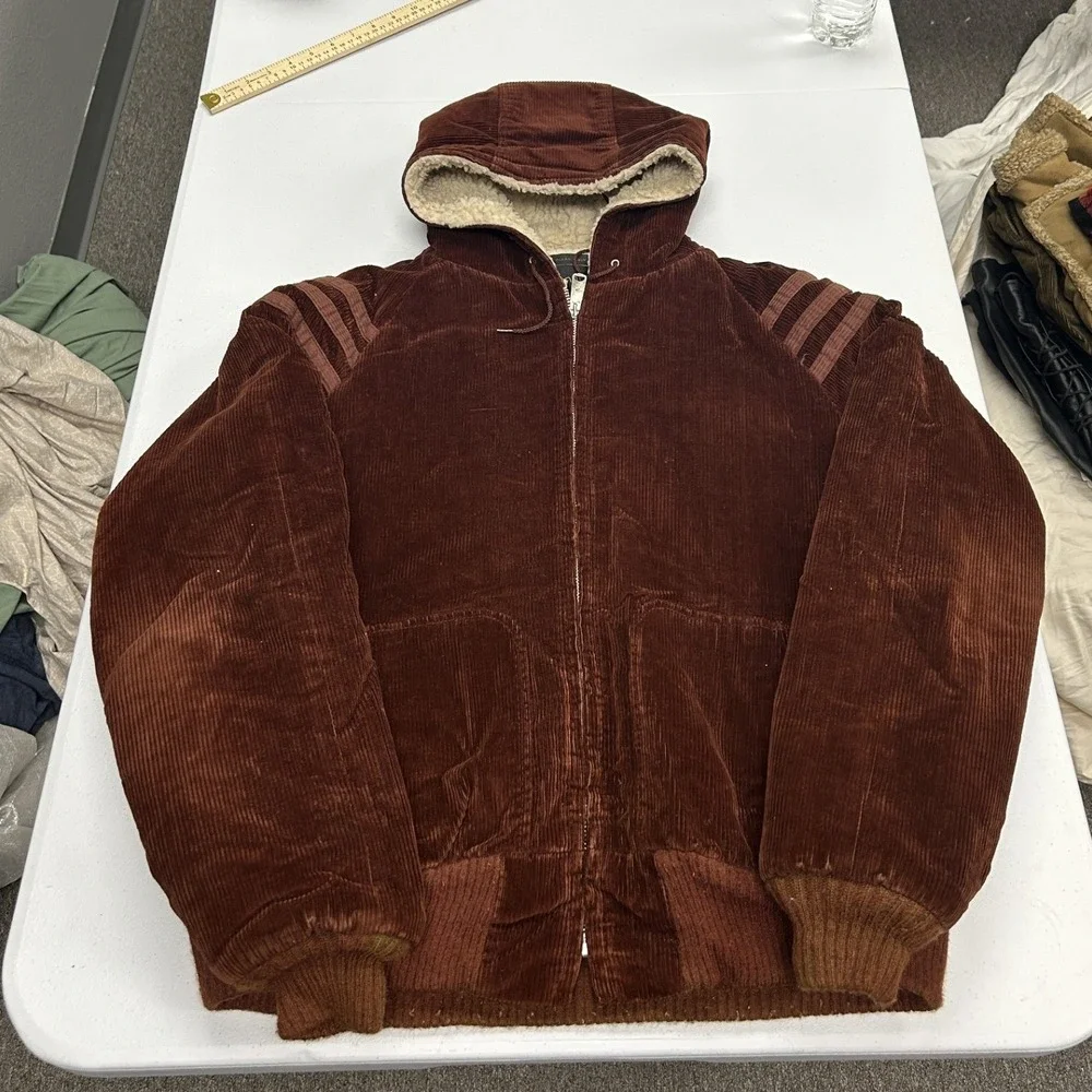 JCPenney Corduroy Jacket Mens 44L Brown Sherpa Lined Hooded Vintage Zip Up